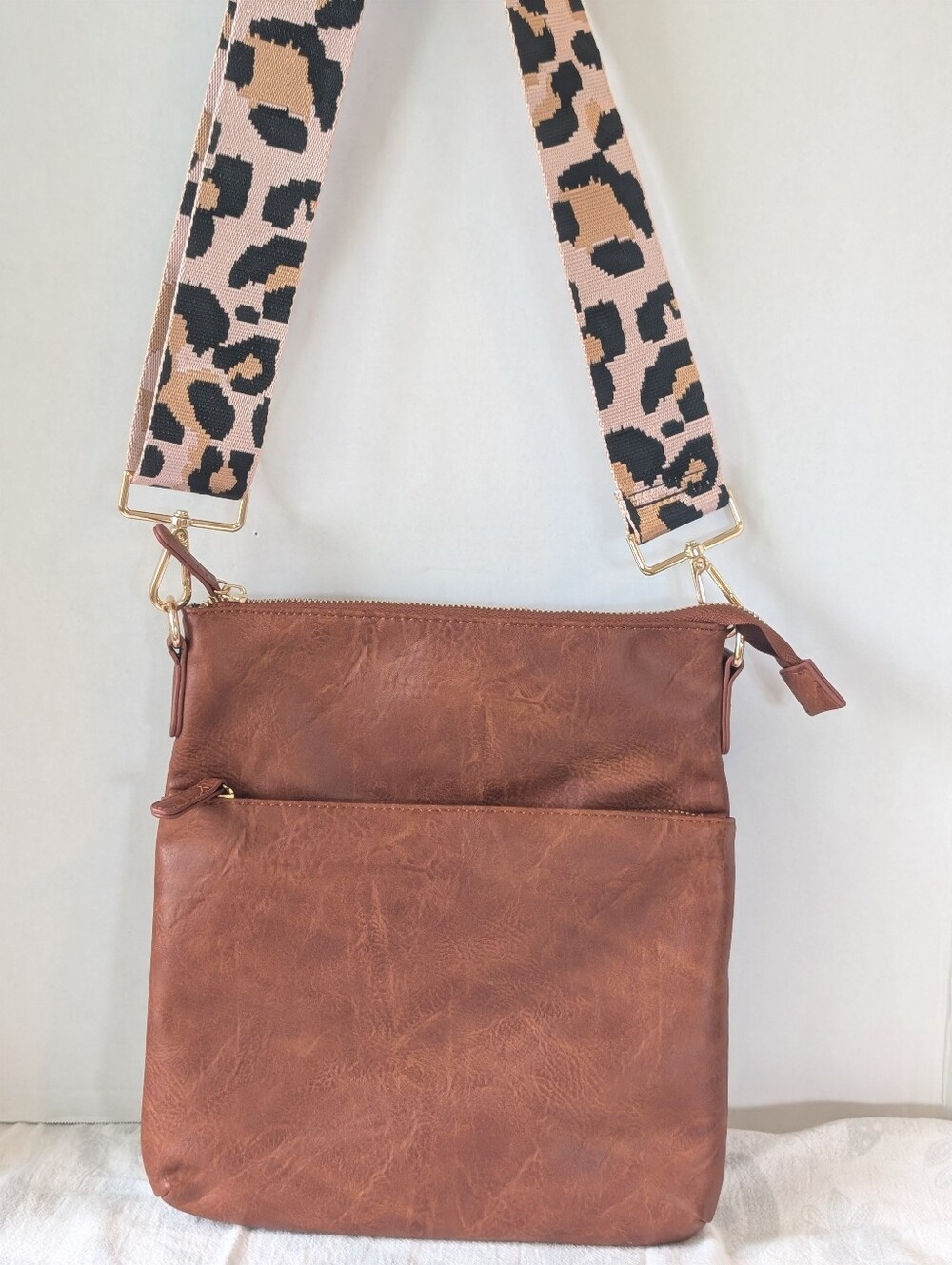 Threaded Pear Brown Faux Leather Crossbody Bag with Leopard Strap